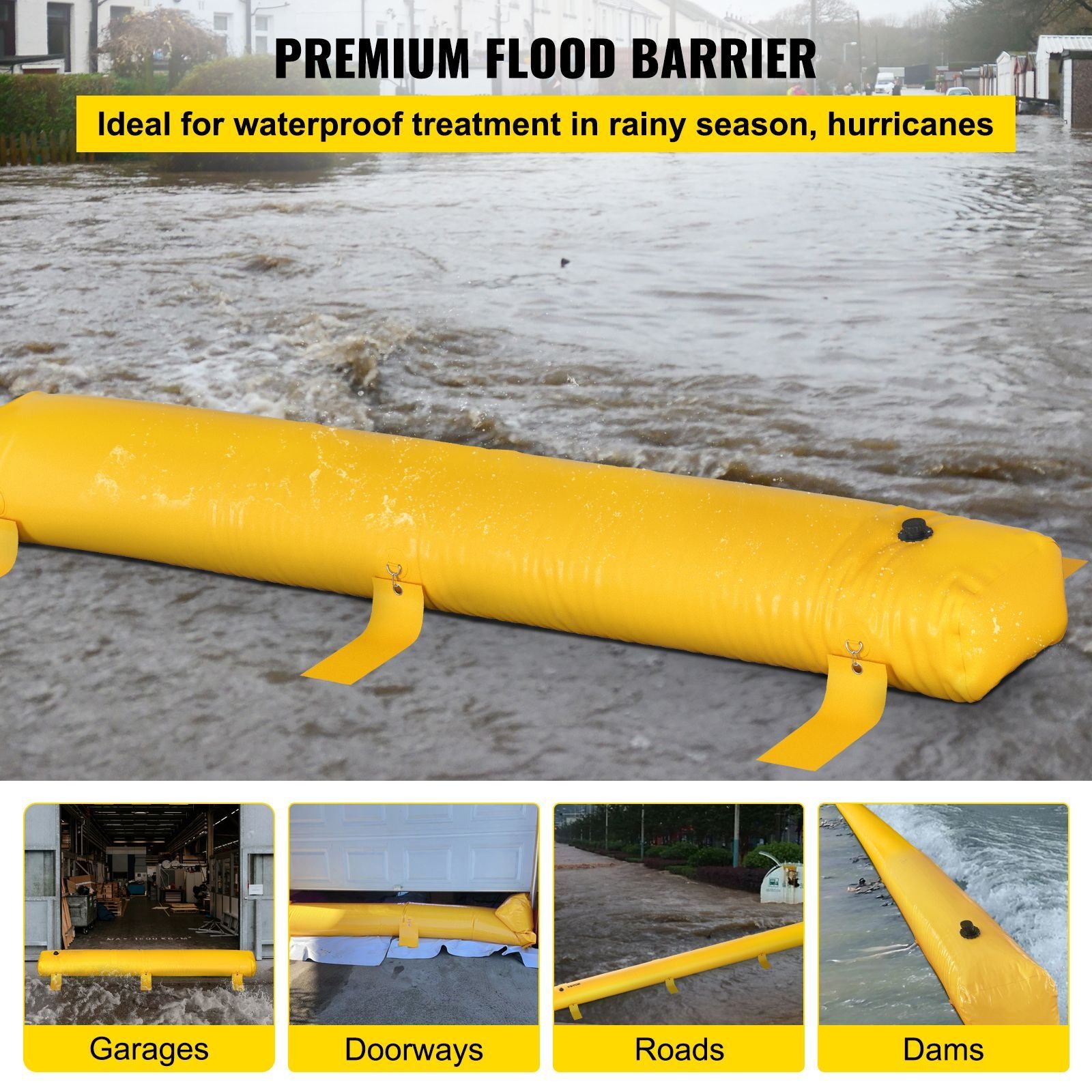 flood bag, 24 ft length x 12 in height, reusable pvc water diversion tubes, lightweight with excellent waterproof effect used for doorways, garages, yellow