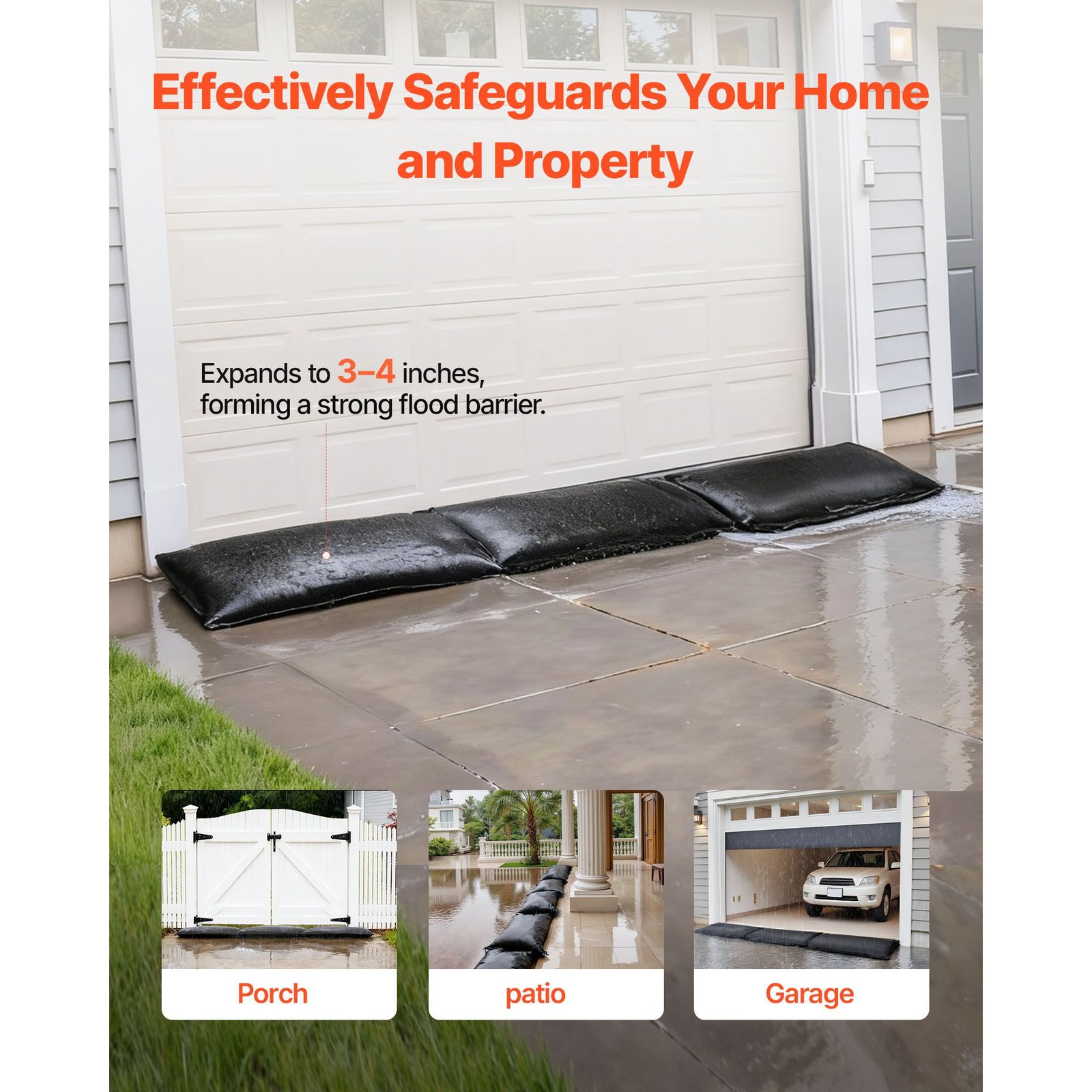 flood barrier, 10 pack, 1.4 x 2.7 ft flood bags with bucket, reusable water absorbent barrier activated by water, sandless sandbags blockage, flooding prevention bags for door, basement, garage