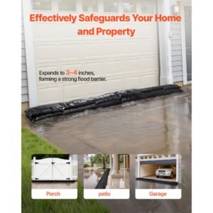flood barrier, 10 pack, 5 x 0.7 ft flood bags with bucket, reusable water absorbent barrier activated by water, sandless sandbags blockage, flooding prevention bags for basement, garage, doorway