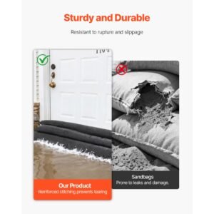 flood barrier, 10 pack, 5 x 0.7 ft flood bags with bucket, reusable water absorbent barrier activated by water, sandless sandbags blockage, flooding prevention bags for basement, garage, doorway