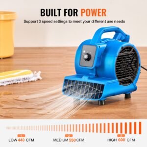 floor blower, 1360 rpm 600 cfm, air mover for drying and cooling, portable carpet dryer fan with 4 blowing angles,3 speeds adjustment, for janitorial, home, plumbing, commercial use