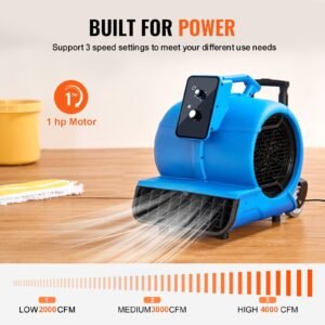 floor blower, 1560 rpm 4000 cfm, air mover for drying and cooling, portable carpet dryer fan with 3 blowing angles, timer, 3 speeds adjustment, for janitorial, home, commercial use
