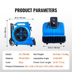 floor blower, 1560 rpm 4000 cfm, air mover for drying and cooling, portable carpet dryer fan with 3 blowing angles, timer, 3 speeds adjustment, for janitorial, home, commercial use