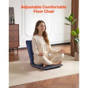 floor chair, 6 adjustable positions folding floor gaming chair with back support, easy to carry, sturdy metal frame with recycled foam and suede fabric surface, for reading, relaxing, dark blue
