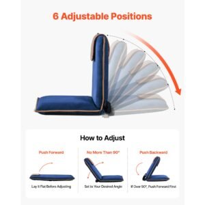 floor chair, 6 adjustable positions folding floor gaming chair with back support, easy to carry, sturdy metal frame with recycled foam and suede fabric surface, for reading, relaxing, dark blue