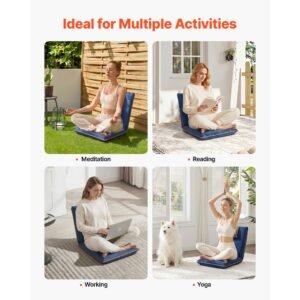 floor chair, 6 adjustable positions folding floor gaming chair with back support, easy to carry, sturdy metal frame with recycled foam and suede fabric surface, for reading, relaxing, dark blue
