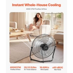 floor fan, 3 speeds high velocity heavy duty 18 inch industrial fan, 4000 cfm 360° adjustable tilt 19.69 ft/sec airflow large metal fan, for home, gym, office, garage, commercial shop & bedroom