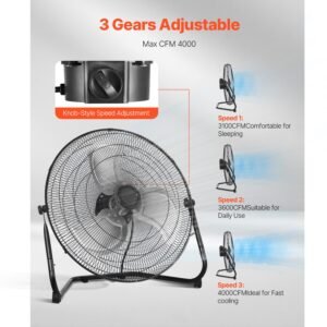 floor fan, 3 speeds high velocity heavy duty 18 inch industrial fan, 4000 cfm 360° adjustable tilt 19.69 ft/sec airflow large metal fan, for home, gym, office, garage, commercial shop & bedroom