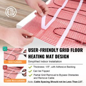 floor heating mat, 30 sq.ft, electric radiant in floor heated warm system with digital floor sensing thermostat, includes installation monitor, adhesive back for easy installation on the floor