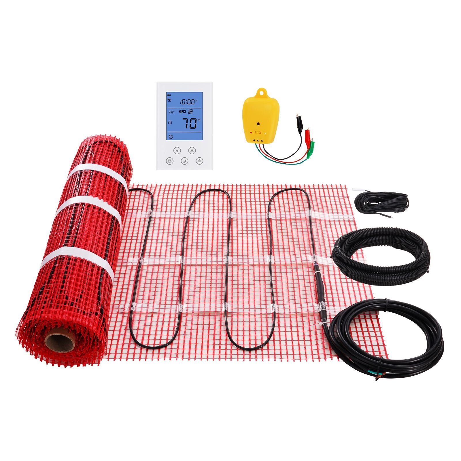 floor heating mat, 30 sq.ft, electric radiant in floor heated warm system with digital floor sensing thermostat, includes installation monitor, adhesive back for easy installation on the floor