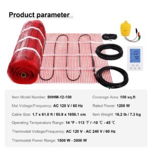 floor heating mat,100sq.ft. 14 113 f electric radiant floor heated warm system with digital floor sensing thermostat, 110 120v includes installation monitor, adhesive back for easy installation