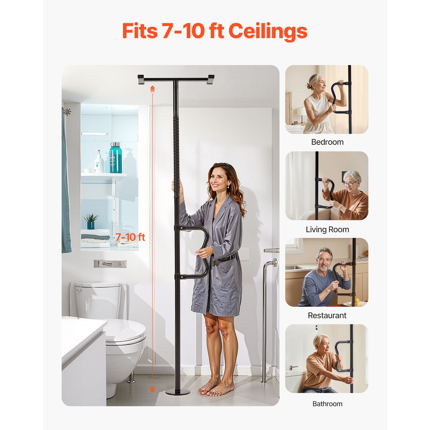 floor to ceiling transfer pole, tension mounted bathroom grab bar with anti slip curve handle, 300 lbs capacity security pole for elderly, ideal senior safety pole for 7 10 ft ceilings, black