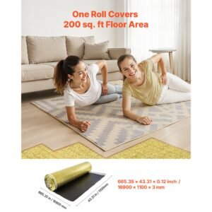 floor underlayment 200 sq. ft/roll, 3 in 1 3 mm thick flooring padding with tape & vapor barrier, heavy duty epe foam with gold pe, soundproofing and noise reduction, for laminate wood floors