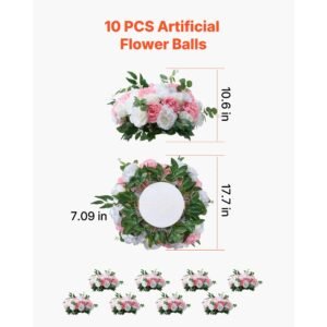 flower ball arrangement bouquet 10 pcs, 17.7 inch diameter artificial flower balls wedding table centerpieces, rose arrangements for wedding centerpiece home decorations, pink and white roses