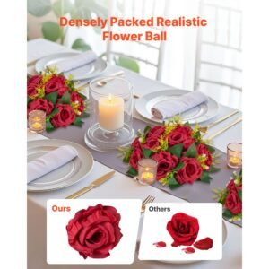 flower balls arrangement bouquet 10 pcs, 9.5 inch wedding red roses centerpieces, fake flowers kissing balls decor artificial floral arrangements flower bouquet for home party table decorations