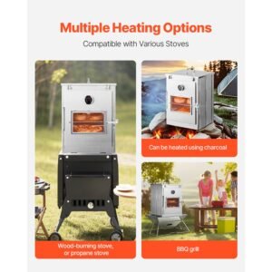 foldable camping oven, stainless steel portable camping stove, with 3 tier grill, handle and thermometer, use with wood burning fire, propane stoves, for baking bread, pizza, outdoor cooking