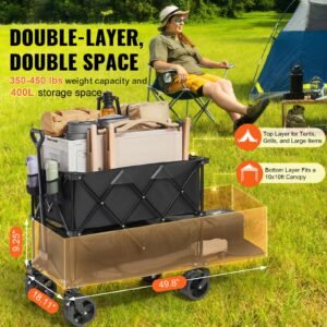 foldable double decker wagon, 400l collapsible wagon cart with all terrain wheels, heavy duty folding wagon cart 350 450 lbs weight capacity for camping, garden, 52" extra long extender