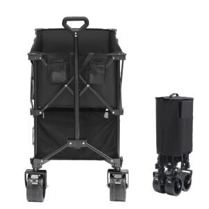 Foldable Double Decker Wagon, 400L Collapsible Wagon Cart with All-Terrain Wheels, Heavy Duty Folding Wagon Cart 350-450 lbs Weight Capacity for Camping, Garden, 52" Extra Long Extender