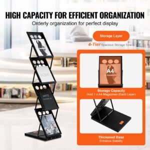 foldable magazine display rack, 4 tier brochure literature display stand, portable catalog brochure holder stand with carrying bag for office trade show exhibitions, 4 pockets