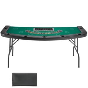 Foldable Poker Table, 7 Player 72 in Folding Casino Leisure Table with Padded Rails & Cup Holders, Semi-oval Portable Game Tables with Felt & Metal Legs, for Texas Hold'em Game and Blackjack