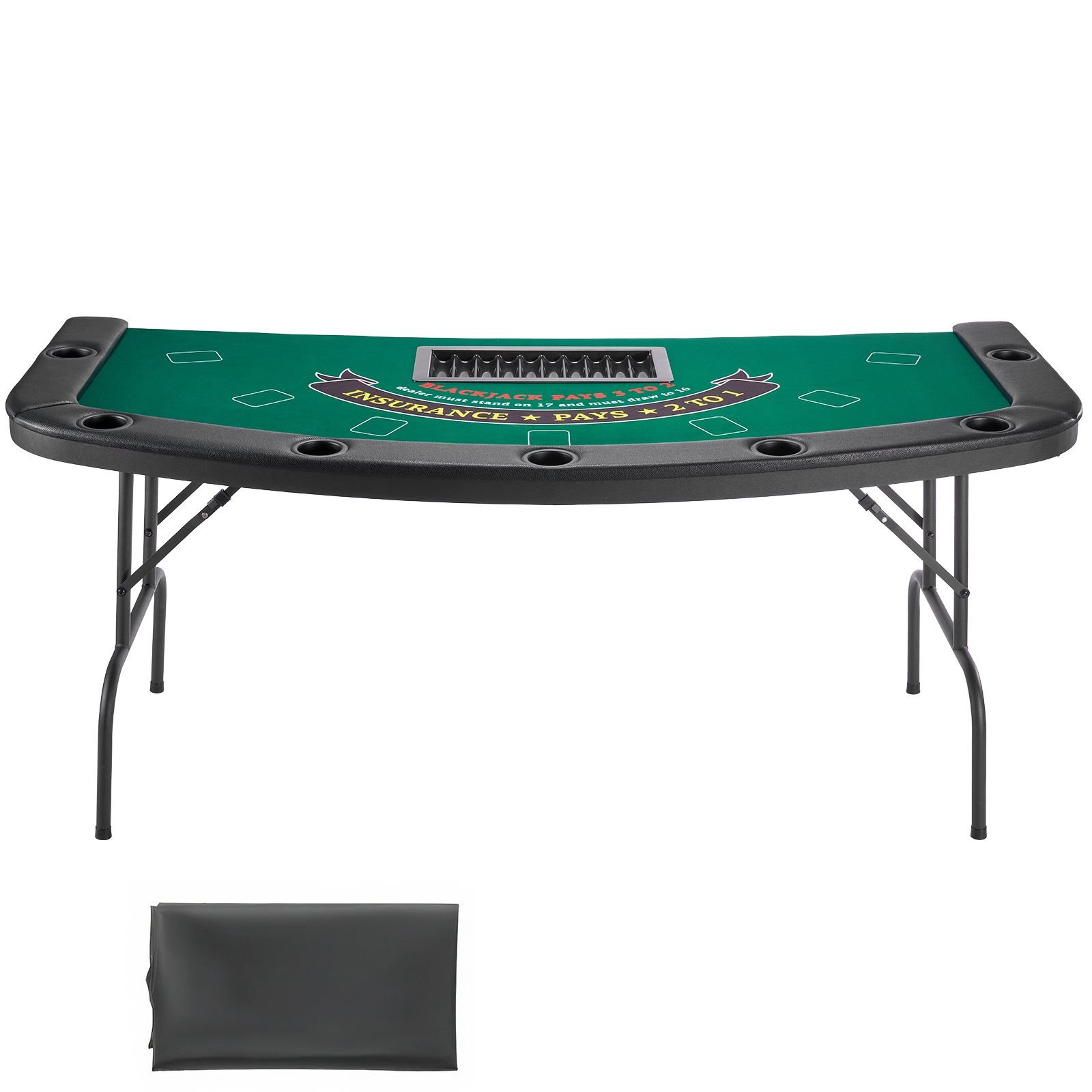 foldable poker table, 7 player 72 in folding casino leisure table with padded rails & cup holders, semi oval portable game tables with felt & metal legs, for texas hold'em game and blackjack