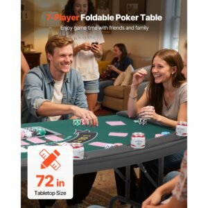 foldable poker table, 7 player 72 in folding casino leisure table with padded rails & cup holders, semi oval portable game tables with felt & metal legs, for texas hold'em game and blackjack