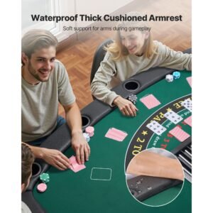 foldable poker table, 7 player 72 in folding casino leisure table with padded rails & cup holders, semi oval portable game tables with felt & metal legs, for texas hold'em game and blackjack