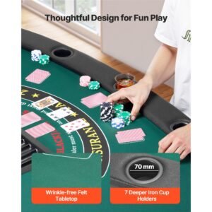 foldable poker table, 7 player 72 in folding casino leisure table with padded rails & cup holders, semi oval portable game tables with felt & metal legs, for texas hold'em game and blackjack