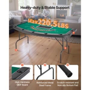 foldable poker table, 7 player 72 in folding casino leisure table with padded rails & cup holders, semi oval portable game tables with felt & metal legs, for texas hold'em game and blackjack