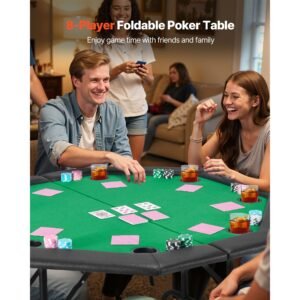 foldable poker table, 8 player 48 in folding casino leisure table with padded rails & cup holders, octagonal portable game tables with felt & metal legs, for texas hold'em game and blackjack