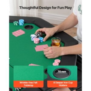 foldable poker table, 8 player 48 in folding casino leisure table with padded rails & cup holders, octagonal portable game tables with felt & metal legs, for texas hold'em game and blackjack