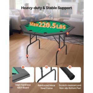foldable poker table, 8 player 48 in folding casino leisure table with padded rails & cup holders, octagonal portable game tables with felt & metal legs, for texas hold'em game and blackjack