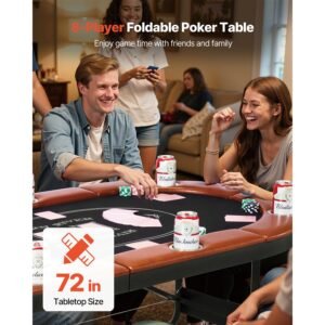 foldable poker table, 8 player 72 in folding casino leisure table with padded rails and cup holders, oval portable game tables with felt & metal legs, for texas hold'em game and blackjack