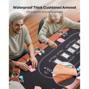foldable poker table, 8 player 72 in folding casino leisure table with padded rails and cup holders, oval portable game tables with felt & metal legs, for texas hold'em game and blackjack