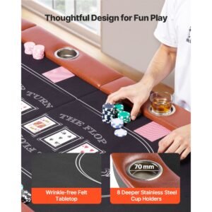 foldable poker table, 8 player 72 in folding casino leisure table with padded rails and cup holders, oval portable game tables with felt & metal legs, for texas hold'em game and blackjack