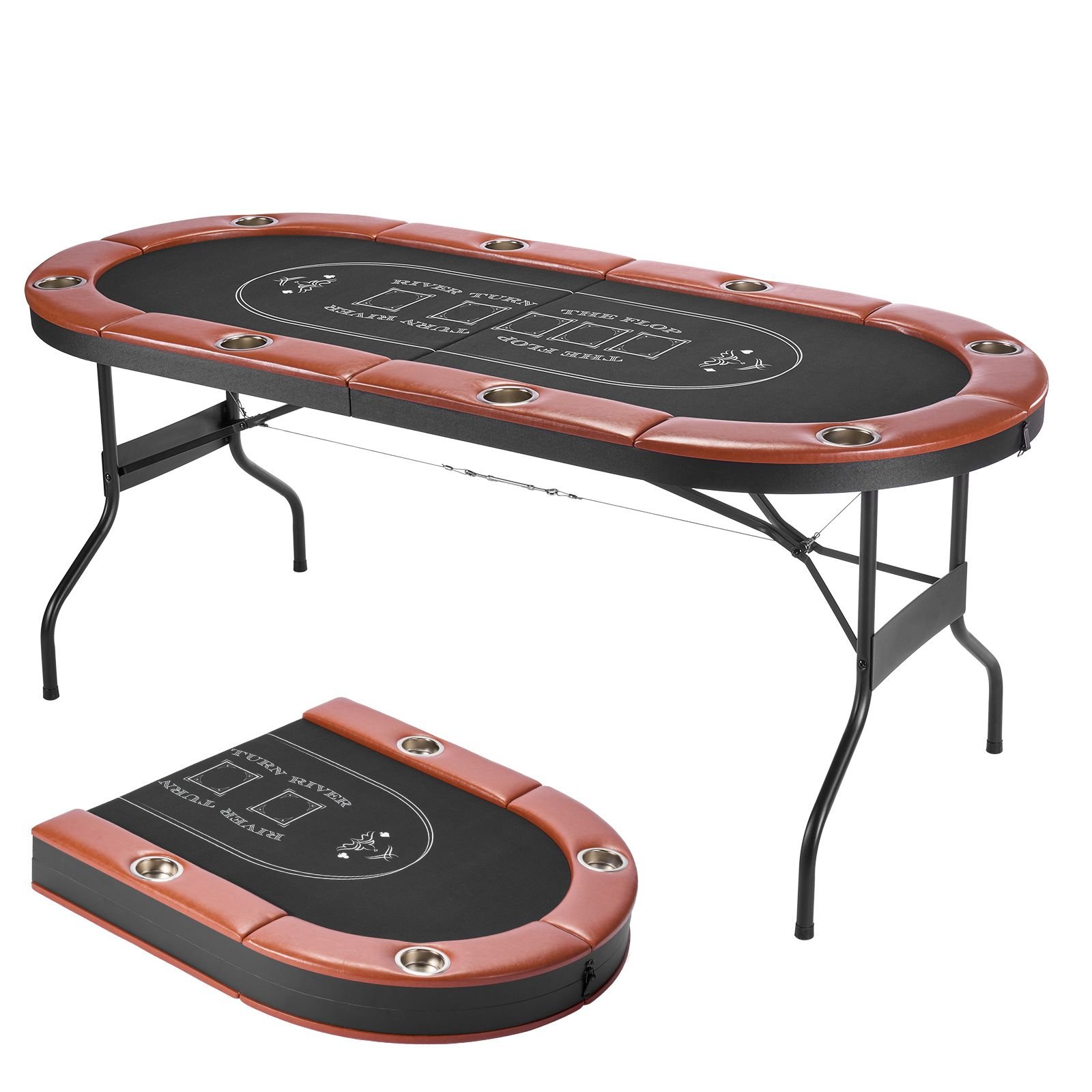 foldable poker table, 8 player 72 in folding casino leisure table with padded rails and cup holders, oval portable game tables with felt & metal legs, for texas hold'em game and blackjack