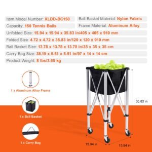 foldable tennis ball hopper, holds 150 tennis balls, lightweight aluminum alloy tennis ball basket cart with wheels, removable bag, carry bag, portable sports teaching cart for tennis player