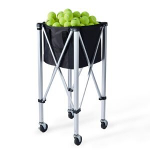 foldable tennis ball hopper, holds 150 tennis balls, lightweight aluminum alloy tennis ball basket cart with wheels, removable bag, carry bag, portable sports teaching cart for tennis player