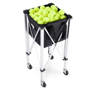 foldable tennis ball hopper, holds 150 tennis balls, lightweight aluminum alloy tennis ball basket cart with wheels, removable bag, carry bag, portable sports teaching cart for tennis player