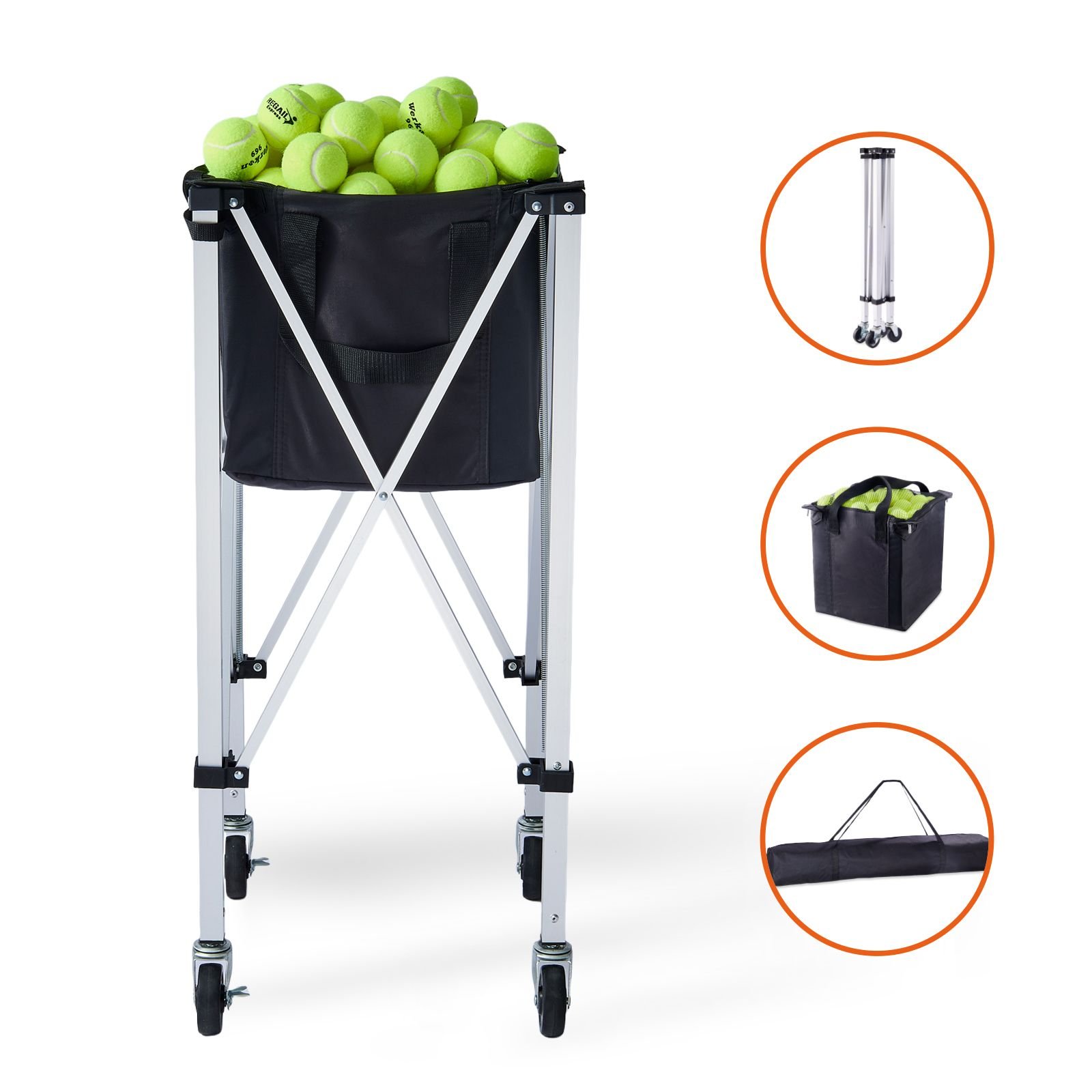 foldable tennis ball hopper, holds 150 tennis balls, lightweight aluminum alloy tennis ball basket cart with wheels, removable bag, carry bag, portable sports teaching cart for tennis player