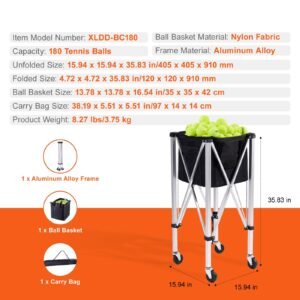 foldable tennis ball hopper, holds 180 tennis balls, lightweight aluminum alloy tennis ball basket cart with wheels, removable bag, carry bag, portable sports teaching cart for tennis player