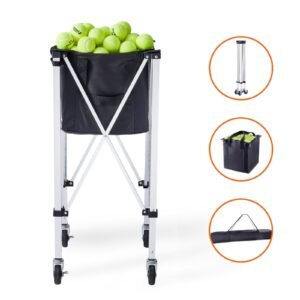 Foldable Tennis Ball Hopper, Holds 180 Tennis Balls, Lightweight Aluminum Alloy Tennis Ball Basket Cart with Wheels, Removable Bag, Carry Bag, Portable Sports Teaching Cart for Tennis Player