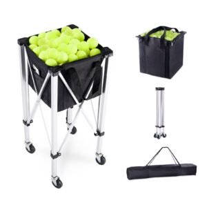 foldable tennis ball hopper, holds 180 tennis balls, lightweight aluminum alloy tennis ball basket cart with wheels, removable bag, carry bag, portable sports teaching cart for tennis player