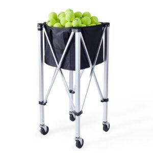 foldable tennis ball hopper, holds 180 tennis balls, lightweight aluminum alloy tennis ball basket cart with wheels, removable bag, carry bag, portable sports teaching cart for tennis player