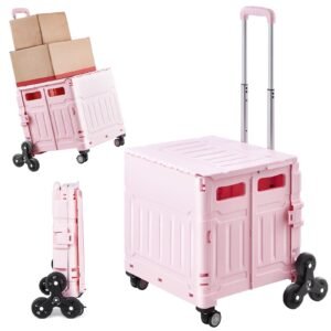 foldable utility cart, 65l collapsible portable crate rolling cart with stair climbing wheels & 360° swivel wheels, hand cart with telescoping handle for shopping office moving teacher, pink