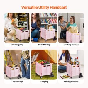 foldable utility cart, 65l collapsible portable crate rolling cart with stair climbing wheels & 360° swivel wheels, hand cart with telescoping handle for shopping office moving teacher, pink