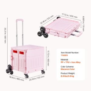foldable utility cart, 65l collapsible portable crate rolling cart with stair climbing wheels & 360° swivel wheels, hand cart with telescoping handle for shopping office moving teacher, pink