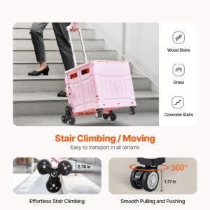 Foldable Utility Cart, 65L Collapsible Portable Crate Rolling Cart with Stair Climbing Wheels & 360° Swivel Wheels, Hand Cart with Telescoping Handle for Shopping Office Moving Teacher, Pink