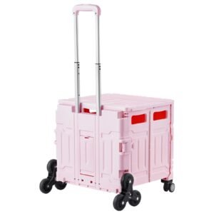 foldable utility cart, 65l collapsible portable crate rolling cart with stair climbing wheels & 360° swivel wheels, hand cart with telescoping handle for shopping office moving teacher, pink