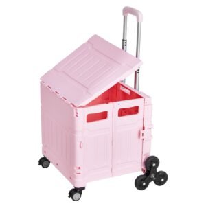 foldable utility cart, 65l collapsible portable crate rolling cart with stair climbing wheels & 360° swivel wheels, hand cart with telescoping handle for shopping office moving teacher, pink